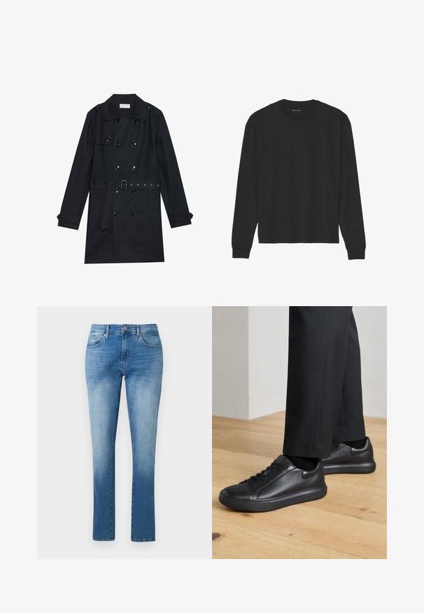 Sort trenchcoat med dobbeltknapning, skinnende sorte knapper, bælte i taljen og to frontlommer. Glat, struktureret stof.; Sort langærmet T-shirt lavet af blød bomuld. Har en klassisk rund hals, ribbede manchetter og en afslappet pasform. Simpelt design uden mønstre.; Blå jeans med lige ben, mellemhøj talje, knap- og lynlås-lukning samt klassisk fem-lomme design.; Sorte sneakers lavet af struktureret læder, med et lavt design, flad gummisål og snørebånd fortil, kombineret med mørke bukser.