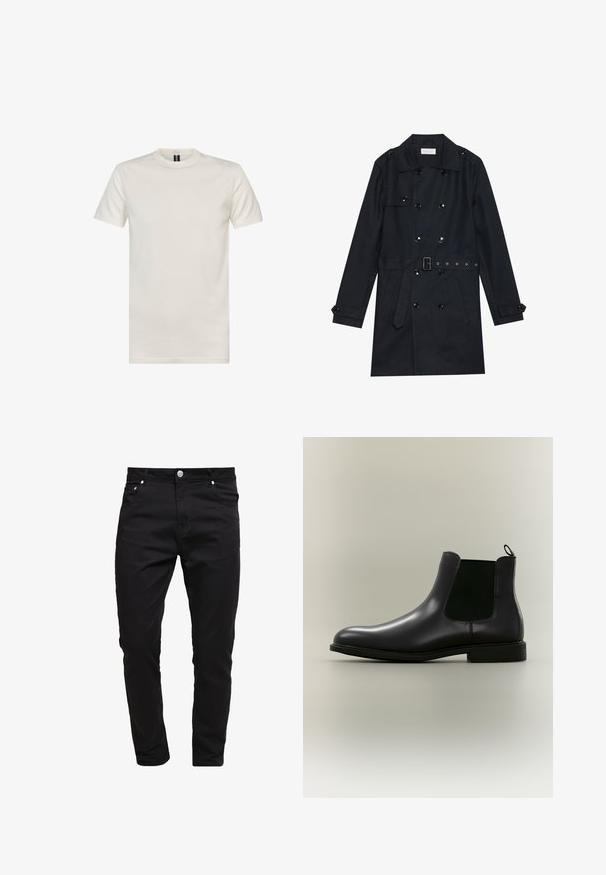 Abrigo negro de trench con diseño de doble botonadura, botones negros brillantes, cintura con cinturón y dos bolsillos frontales. Tela suave y texturizada.; Camiseta de cuello redondo de manga corta en algodón color blanco roto. Presenta una textura suave, un ajuste estándar y un diseño minimalista sin estampados.; Jeans negros de tela de mezclilla, diseño ajustado, estilo de cinco bolsillos, cierre de botón metálico, con detalles de costura y una textura suave.; Bota Chelsea de cuero negro con paneles laterales elásticos y una lengüeta en un fondo neutro, mostrada de perfil.