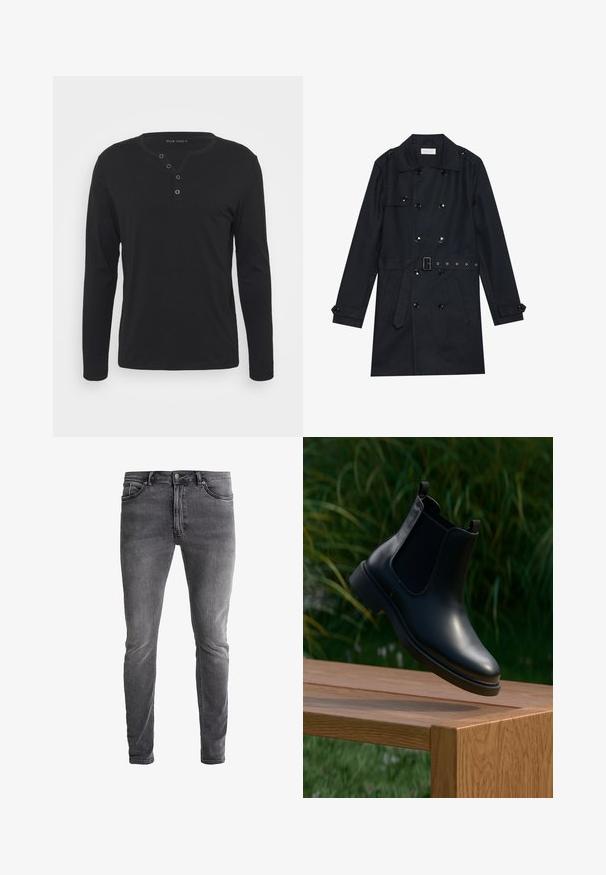 Abrigo negro de trench con diseño de doble botonadura, botones negros brillantes, cintura con cinturón y dos bolsillos frontales. Tela suave y texturizada.; Camisa henley negra de manga larga, hecha de un tejido suave, con una placket de botones, cuello redondo y mangas ajustadas.; Jeans de mezclilla gris de corte slim fit con un ligero estiramiento. Presenta cinco bolsillos, una cremalleras y un botón de metal en contraste. Textura de lavado desgastado.; Botín de cuero negro hasta el tobillo con paneles laterales elásticos flotando sobre un banco de madera, con un fondo de follaje verde.