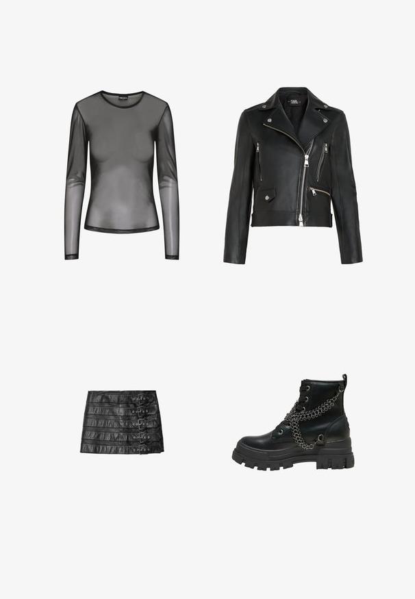 Zwarte leren motorjack met zilveren ritsen en studs. Heeft een ingesneden kraag en meerdere met rits afgesloten zakken aan de voorkant.; Zwart langmouwig mesh-shirt met een ronde halslijn, gemaakt van doorschijnende stof en een aansluitende pasvorm. De randen zijn afgewerkt met zwarte stiksels.; Zwarte leren minirok met vijf horizontale gespbanden aan de rechterkant, plat neergelegd op een witte achtergrond.; Zwarte leren gevechtslaars met dikke profielzool en decoratieve zilveren ketting gewikkeld rond de veters en enkels.
