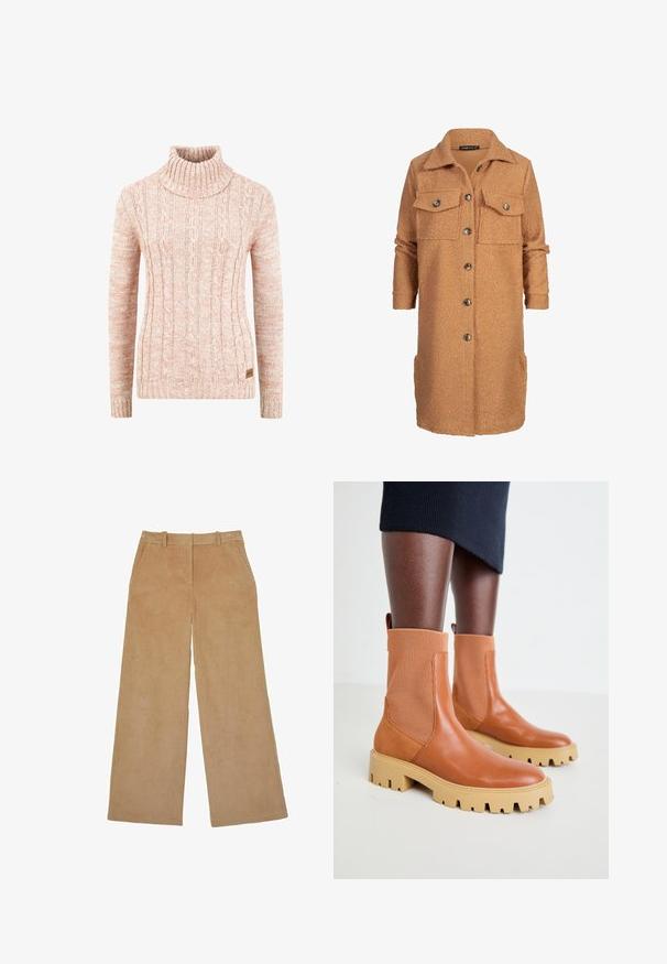 Strukturierter, camel-farbener Mantel mit Knopfverschluss, zwei Brusttaschen und langen Ärmeln. Der Stoff hat ein weiches, flauschiges Aussehen.; Gestrickter Rollkragenpullover in sanftem Pfirsch mit strukturiertem Zopfmuster, langen Ärmeln und einem eingewebten Markenetikett am Saum.; Beige Cordhose mit weitem Bein, Gürtelschlaufen, Seitentaschen und einem vorderen Reißverschluss.; Braune Leder-Ankle Boots mit gerippten elastischen Einsätzen, robuster beigefarbener Sohle und Zuglasche; zeitgemäßes Design mit strukturiertem Finish.