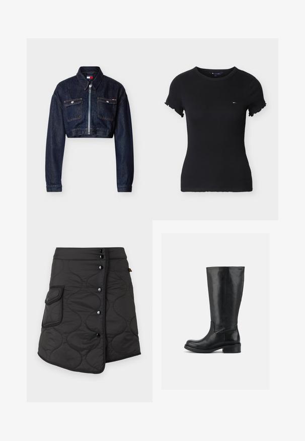 Veste courte en denim bleu foncé avec fermeture éclair à l'avant, deux poches poitrine à rabat avec boutons, et un col pointu.; T-shirt noir à manches courtes en tissu côtelé avec petit logo rouge, blanc et bleu sur le côté gauche de la poitrine et bords de manches volantés.; Jupe noire matelassée avec un ourlet asymétrique, dotée de cinq boutons foncés et d'une poche latérale avec un détail de rabat arrondi.; Bottes hautes en cuir noir avec talon bloc bas et bout arrondi, dessus lisse avec coutures minimales sur fond uni.