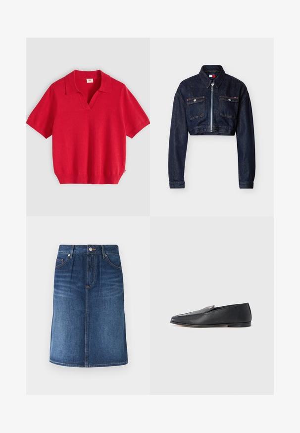 Veste courte en denim bleu foncé avec fermeture éclair à l'avant, deux poches poitrine à rabat avec boutons, et un col pointu.; Polo en maille rouge à manches courtes avec col en V et ourlet côtelé, présenté sur un fond gris clair.; Jupe en jean longueur genou avec fermeture devant à boutons et zip, passants de ceinture et deux poches avant en lavage bleu moyen.; Mocassins en cuir noir à texture lisse, bout arrondi et détails de couture subtils. Ils présentent un accent logo doré sur le côté supérieur.