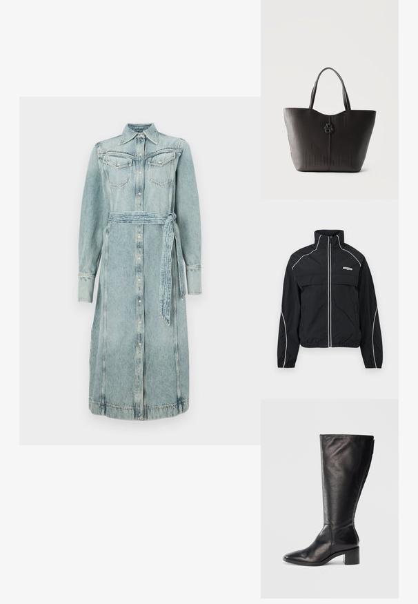 Musta vetoketjullinen urheilutakki valkoisilla somisteilla, korkealla kauluksella, elastisilla hihojen reunoilla ja vasemman rinnan kohdalla "tommy jeans" -logo.; Denim-shirtin mekko vaaleansinisena, jossa on napitus etupuolella, kaksi rintataskua ja yhteensopiva vyö. Pitkät hihat ja suora siluetti.; Mustat nahkaiset polvipituiset saappaat, jossa on neliömäinen kärki, paksu korko ja tyylikäs muotoilu. Sileä pinta ja sivuvetoketju helppoa pukemista varten.; Musta teksturoidusta nahasta tehty olkalaukku, jossa on tuplat kahvat ja keskellä koristeellinen lukko, yksivärisellä taustalla.