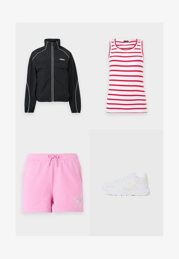 Must musta lukuga jooksujakk valge ääristusega, kõrge krae, elastsed varrukasäärised ja vasakul rinnal "tommy jeans" logo.; Varrukateta valge top, millel on horisontaalsed punased triibud ja ümmargune kaelus, eksponeeritud lihtsal heledal taustal.; Roosa puuvillane lühike püks, millel on elastne vöökoht ja nöör, ning madalal küljel on valge trükitud graafika gelato tassist.; Valged spordijalatsid, millel on sile nahk ülaserv, peened beežid aktsendid, ühetooni paelad ja pehme kummist tallaga.