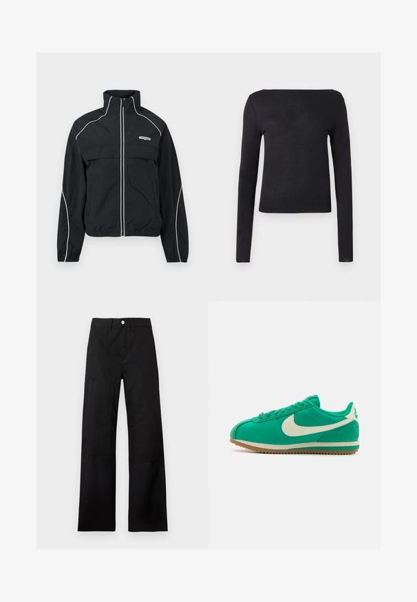 Must musta lukuga jooksujakk valge ääristusega, kõrge krae, elastsed varrukasäärised ja vasakul rinnal "tommy jeans" logo.; Mustas pikkade varrukatega särk otse kaelusega ja keha järgiva disainiga, valmistatud pehmest ja kergest materjalist. Lihtne ja ühevärviline, ilma mustriteta.; Mustad kõrge vöökohaga laia säärega püksid vööaasadega, hõbedase nupuga sulgemine ja esipaneelidel nähtavad õmblused.; Roheline madala lõikega toss valge Nike-logoga, kummist tallaga ja paeltega, külje pealt ühtlasel taustal.