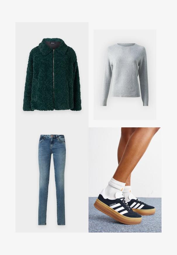 Roheline, karvane fleece-jakk krae ja ees oleva lukuga. Omab tekstuurset pinda ja vabalt istuvat lõiget.; Helehall soe säär, mis on valmistatud pehmest kangast, millel on ümmargune kaelus, pikad varrukad ja soonikuga mansetid ning ääreosa, mis tagab keha lähedase ilme.; Kitsad teksapüksid helesinisest denimist, millel on nööbiga sulgur, viis taskut, kerge kulumine ja klassikaline disain.; Jalad valgete sokkide ja mustade Adidas Gazelle tossudega, millel on valged triibud ja paksud pruunid tallad, halli vaibaga põrandal.