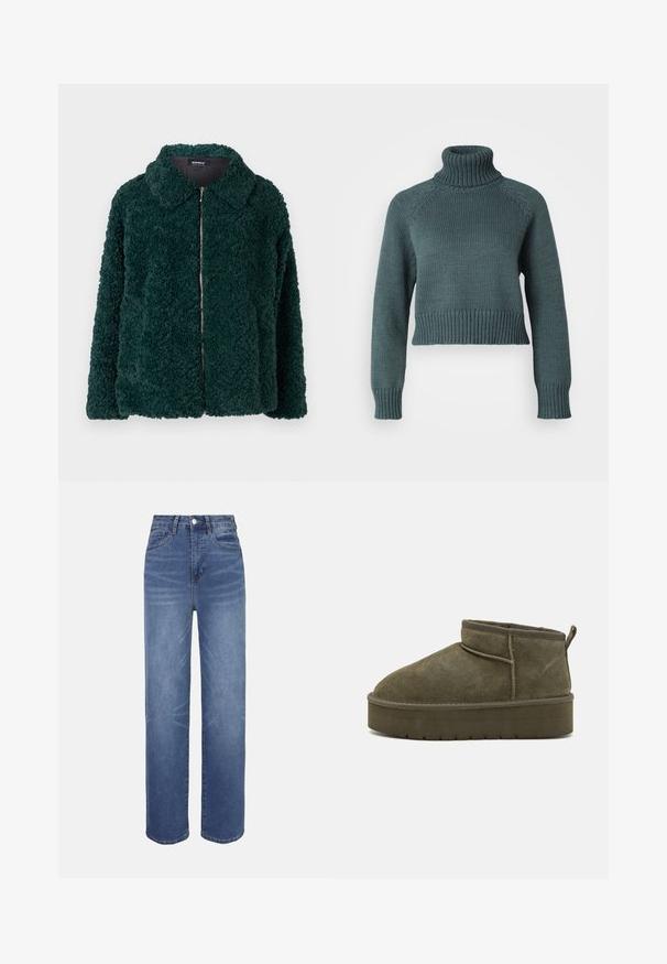 Groene, pluizige fleecejas met een kraag en een voorrits. Kenmerkt zich door een gestructureerd oppervlak en een losse pasvorm.; Vero Moda Petite VMMIRANDA - Trui - balsam green; Lichtblauwe spijkerbroeken met een hoge taille, recht model, vijfzakkenstijl en subtiele vervagingen in de stof.; Olijfgroene suède enkellaarzen met een ronde teen, gestikte details en een dikke zool met een gestructureerd patroon. Kleine trekband aan de achterkant.