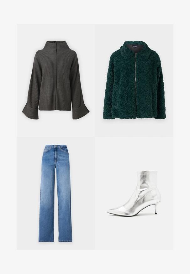 Veste en polaire verte et moelleuse avec col et fermeture éclair à l'avant. Présente une surface texturée et une coupe ample.; VILA VIVIGGA CONTRAST - Pullover - dark grey/black; Jeans en denim bleu clair à jambes larges, dotés d'une taille haute, de poches avant et d'une fermeture à bouton standard. Texture lisse.; Bottine métallique argentée avec un bout pointu et un talon fin. Présente un ajustement snug et une texture lisse et brillante. Accent de couture en haut.