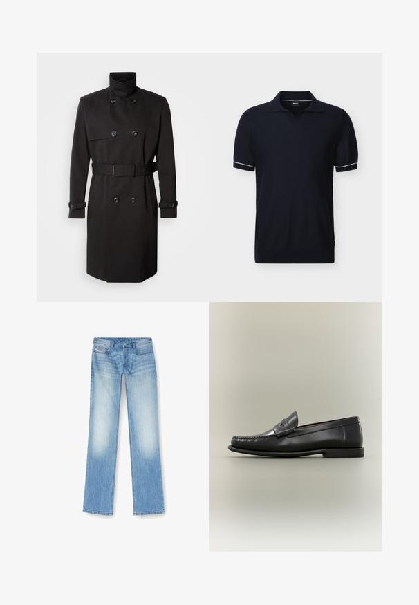 Schwarzer, doppelt gereihter Trenchcoat mit hohem Kragen, tailliertem Gürtel und geknöpften Manschetten. Hergestellt aus glattem, strapazierfähigem Stoff ohne Muster.; Schwarzes Poloshirt mit kurzen Ärmeln, weißem Besatz an den Bündchen und offenem Kragen, präsentiert vor einem einfachen hellen Hintergrund.; Helle blaue Straight-Leg-Jeans aus Denim mit faded Finish, Fünf-Taschen-Design und sichtbaren Nähdetails entlang der Nähte.; Schwarzer Herren-Loafer aus Leder mit Mokassin-Zehennaht, Penny-Riemen und flachem Absatz vor neutralem Hintergrund.