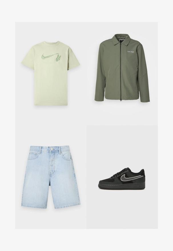 Oliivivihreä vetoketjullinen takki, jossa on kauluspää, kevyt kangas ja pieni painatus vasemmassa rinnassa.; Vihreä puuvillapaita, jossa on suuri Nike-swoosh-logo ja perhosgrafiikka, klassisella pyöreällä kaula-aukolla ja lyhyillä hihoilla.; Vaaleansiniset farkkushortsit suoran leikkauksen kanssa, joissa on etutaskut, napitus ja rento ompelu. Sileä pinta ilman kuvioita.; Nike Air Force 1 -tennnari mustaa mokkaa ja nahkaa, jossa on hopeanvärinen swoosh-logo, pyöreä kärki, nauhallinen malli ja kuvioitu kumipohja.