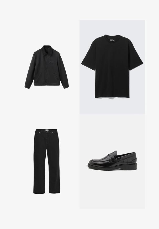 Schwarze Reißverschlussjacke mit Kragen, Brusttasche mit Reißverschluss rechts und zwei diagonalen Seitentaschen, dargestellt vor weißem Hintergrund.; Schwarzes Baumwoll-T-Shirt mit kurzem Arm und lockerem Schnitt, Rundhalsausschnitt, vor einem schlichten hellen Hintergrund gezeigt.; Schwarze Jeans aus Denim mit geradem Schnitt, Fünf-Taschen-Design, Kupferhardware-Akzenten und einem robusten Bund. Glatte Textur, schlichte Stil.; Schwarze Lederloafers mit glatter Oberfläche, abgerundetem Zehenbereich, niedrigem Absatz und dekorativer Naht entlang der Vorderseite. Gummisohle für guten Halt.