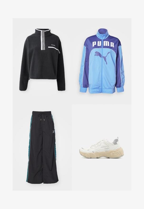 Blauwe en paarse PUMA trainingsjack met hoge kraag, volledige rits en elastische boorden. Voorzien van een groot logo op de voorkant en een zijafbeelding van een springende poema.; Zwarte fleece pullover met een ritskraag, voorzien van een borstzak en contrasterende witte en grijze accenten. Zachte textuur, cropped ontwerp.; Zwarte wijde broek met een drawstring tailleband, teal zijkanten en witte accentstripes. Gemaakt van een gladde, lichte stof.; Witte sneaker met een bovenwerk van mesh en glad leer, met een gevoerde kraag, een gemêleerde rubberen zool en subtiele metallic accenten.