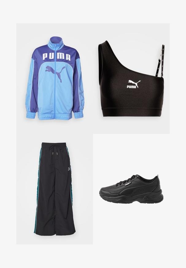 Veste de survêtement PUMA bleue et violette avec un col haut, zip complet et poignets élastiques. Présente un grand logo sur le devant et un graphique latéral d'un puma en train de sauter.; Soutien-gorge de sport noir avec une bretelle, arborant un logo Puma blanc. Tissu lisse et extensible avec un design élégant et des détails de bretelle contrastés.; Pantalons larges noirs avec une taille à cordon de serrage, des panneaux latéraux teal et des rayures blanches. Fabriqués à partir d'un matériau lisse et léger.; Chaussures de sport noires en cuir lisse, avec un col rembourré, un bout rond, des lacets et le logo Puma sur le côté.