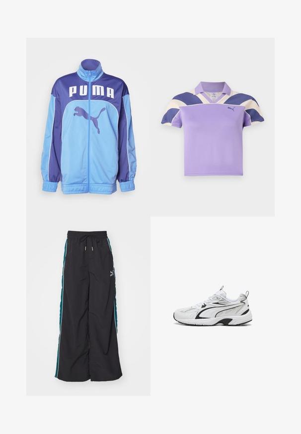 Blaue und lila PUMA Trainingsjacke mit hohem Kragen, durchgehendem Reißverschluss und elastischen Bündchen. Hervorgehoben wird das große Logo auf der Vorderseite und eine seitliche Grafik einer spr Jumpenden Pumas.; Lila Poloshirt mit Kragen, ausgestattet mit großen Creme- und Marineblauen Streifen auf den Schultern. Weicher, strukturiertes Material, lässiges Design.; Schwarze Weite-Hosen mit einem Kordelzugbund, türkisfarbenen Seiteneinsätzen und weißen Akzentstreifen. Hergestellt aus einem glatten, leichten Material.; Schwarze und weiße Sport sneakers mit Mesh- und Lederdetails, Schnürverschluss und dicker gepolsterter Sohle auf weißem Hintergrund.