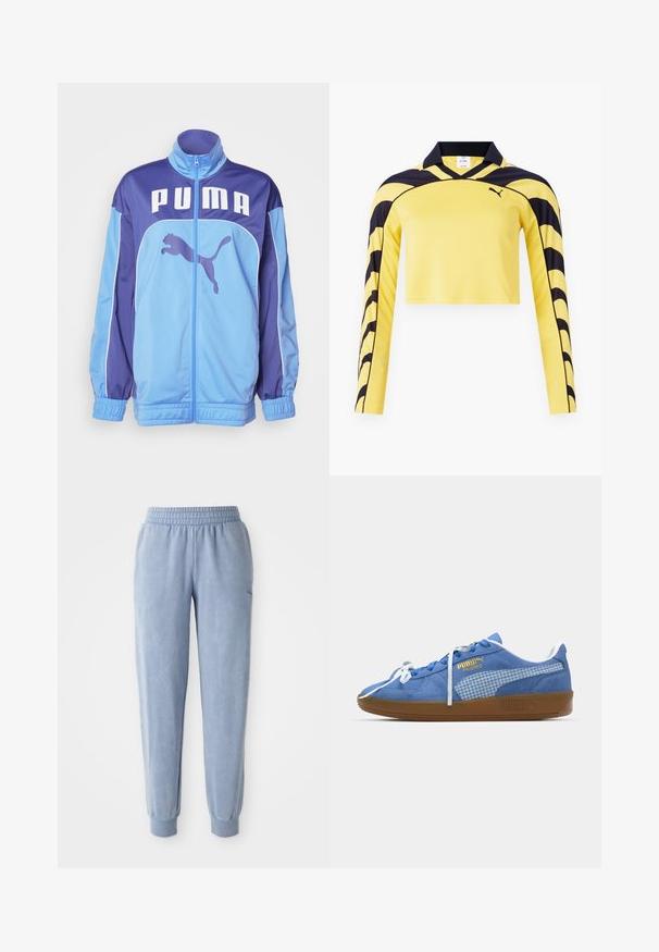 Sinine ja lilla PUMA jopesärk kõrge kraega, täispikk lukk ja elastsed mansetid. Ees on suur logo ja külgedel kujutis hüppavast pumast.; Kollane lühikeste varrukatega jersy mustade aktsentidega, polo kaelusega ja tekstuurse pinnaga, millel on dünaamiline triibumuster. Sisaldab Puma logo.; Sinised dressipüksid pehmest kangast, elastse vöökoha ja varrukatega; sisaldab peent tekstuuri ja mõõdukat logot ühel küljel.; Sinine sametist toss, millel on valged paelad ja ruuduline külgpaneel. Omab pruuni kummist tallat ja kuldset logodekoratsiooni.