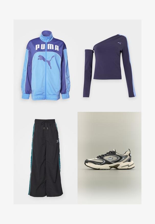 Blauwe en paarse PUMA trainingsjack met hoge kraag, volledige rits en elastische boorden. Voorzien van een groot logo op de voorkant en een zijafbeelding van een springende poema.; Donkerblauw, asymmetrisch top met lange mouw, met een lichtblauwe streep op de rechtermouw en het Puma-logo op de borst.; Zwarte wijde broek met een drawstring tailleband, teal zijkanten en witte accentstripes. Gemaakt van een gladde, lichte stof.; Zwarte en beige mesh sneakers hebben een gewatteerde kraag, een gestructureerd bovenwerk en een opvallend logo aan de zijkant. Slanke vormgeving met een gebogen zool.