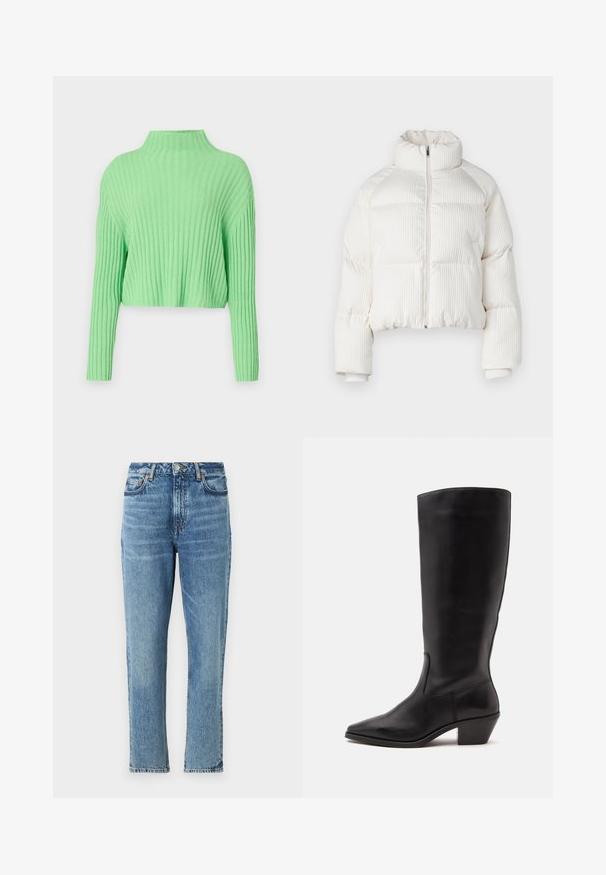 Hvid cropped pufferjakke med vertikal ribbet tekstur, høj krave, lynlås lukning foran og elastiske manchetter. Har sidelommer.; Lysegrøn cropped sweater med høj hals, ribstrikket struktur og lange ærmer. Har en løs pasform og blødt materiale.; Lyseblå denimjeans med høj talje, lige ben og slidt tekstur. Udstyret med sølvhardware og kontrasterende syninger.; Sort læderstøvle til midtkalv med spids tå og lavt skråt hæl på en enkel lys baggrund.
