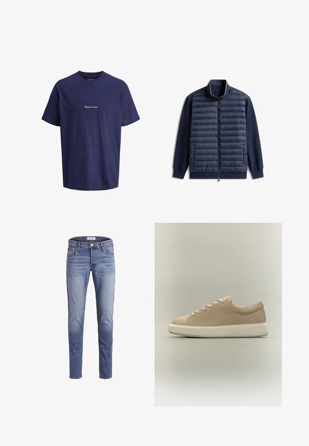 Mørkeblå lynlåsjakke med vatteret forstykke, glatte ærmer, stående krave med rød-hvid kant og to lommer med trykknap.; Marineblå bomulds t-shirt med rund hals og korte ærmer; "Originals Studio" broderet med kontrastfarvet tan tråd på brystet.; Smalpassende blå jeans lavet af denim, med en falmet vask, fem lommer og en lynlås i front med knaplukning.; Beige ruskind lavtop sneaker med snørelukning foran og tyk hvid gummisål på neutral baggrund.