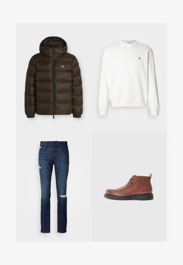 Veste matelassée marron foncé avec capuche, fermeture éclair devant, poignets élastiques et petit logo blanc CK sur le côté gauche de la poitrine.; Un sweat-shirt blanc à col rond en coton, arborant un petit logo "ck" rouge sur la poitrine, des poignets et un ourlet côtelés. Texture simple et lisse.; Jean en denim bleu foncé avec une coupe slim, présentant deux patchs usés à l'avant, des coutures robustes et un design classique à cinq poches.; Bottines en cuir marron avec une embout rond, des détails de lacets et une semelle en caoutchouc noire. Logo notable sur le talon et accents de couture.