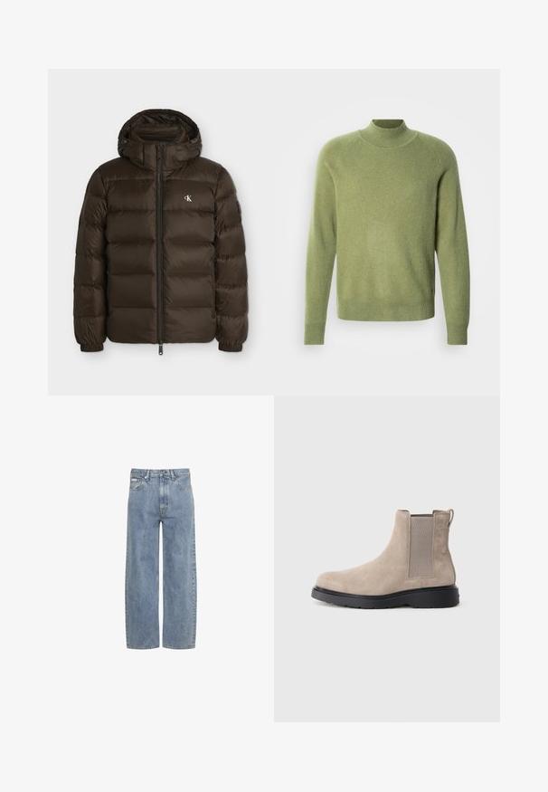 Veste matelassée marron foncé avec capuche, fermeture éclair devant, poignets élastiques et petit logo blanc CK sur le côté gauche de la poitrine.; Pull vert à col montant côtelé avec poignets et ourlet côtelés. Confectionné dans un tissu doux, il présente une texture lisse et une coupe décontractée.; Jean bleu clair droit avec fermeture éclair et bouton à l'avant, passants de ceinture et design cinq poches.; Bottine Chelsea en daim beige avec des panneaux élastiques sur les côtés, une languette de tirage et une semelle en caoutchouc noir. Design élégant avec un bout arrondi.