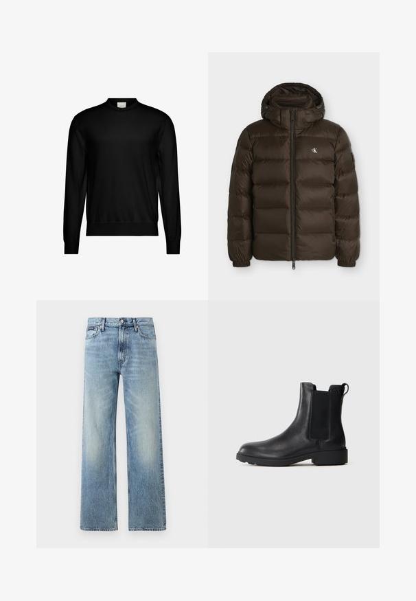 Chaqueta acolchada marrón oscuro con capucha, cremallera frontal, puños elásticos y pequeño logo blanco CK en el pecho izquierdo.; Suéter negro de manga larga y cuello redondo con puños y dobladillo acanalados, que presenta una pequeña etiqueta blanca de la marca en el interior del cuello.; Vaqueros de mezclilla azul claro de corte recto con cintura alta, cinco bolsillos, cierre de botón y sutil desgaste en los muslos y las rodillas.; Botín negro de cuero hasta el tobillo con paneles laterales elásticos, tirador en el talón y suela baja de bloque sobre un fondo liso.