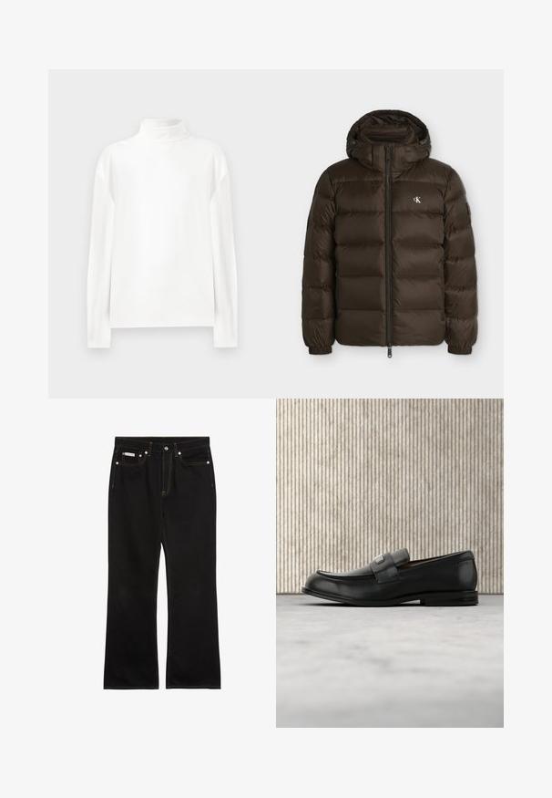 Veste matelassée marron foncé avec capuche, fermeture éclair devant, poignets élastiques et petit logo blanc CK sur le côté gauche de la poitrine.; Haut à manches longues blanc en col roulé avec une texture lisse, présentant un col haut et des coutures d'épaule tombantes pour un ajustement décontracté.; Jean noir droit avec coutures orange, cinq poches, fermeture par bouton, et une petite étiquette Calvin Klein sur la poche avant droite.; Mocassin en cuir noir avec une plaque de marque en métal reposant près d'une table ronde marron sur un sol recouvert de moquette beige.