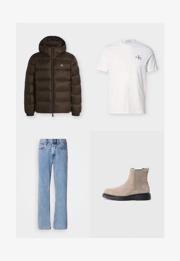 Veste matelassée marron foncé avec capuche, fermeture éclair devant, poignets élastiques et petit logo blanc CK sur le côté gauche de la poitrine.; T-shirt blanc en coton à manches courtes avec petit logo gris "Calvin Klein" sur la poitrine gauche, col rond et coupe régulière.; Jean en denim bleu clair avec une coupe droite, cinq poches et une fermeture à bouton. Détails de couture près des poches et de la taille.; Bottine Chelsea en daim beige avec des panneaux élastiques sur les côtés, une languette de tirage et une semelle en caoutchouc noir. Design élégant avec un bout arrondi.