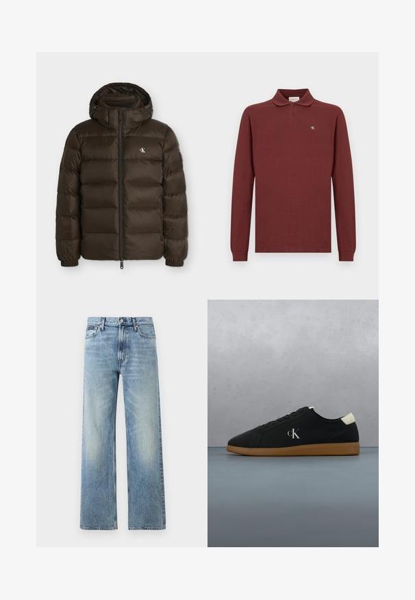 Chaqueta acolchada marrón oscuro con capucha, cremallera frontal, puños elásticos y pequeño logo blanco CK en el pecho izquierdo.; Camisa polo de manga larga color marrón, hecha de algodón, con un cuello clásico, botonera de tres botones y un pequeño logo bordado en el pecho.; Vaqueros de mezclilla azul claro de corte recto con cintura alta, cinco bolsillos, cierre de botón y sutil desgaste en los muslos y las rodillas.; Zapatilla de lona negra con suela de goma marrón, con un logo plateado "cK" en el lateral y un detalle blanco en el talón. Diseño de corte bajo.