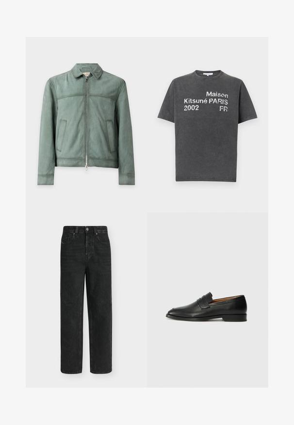 Veste en daim verte zippée avec col et deux poches avant, présentée sur un fond clair uni.; T-shirt à manches courtes gris charbon avec texte imprimé blanc : "Maison Kitsuné PARIS 2002 FR" sur le devant, col rond, style décontracté.; Jean noir coupe droite avec taille haute, bouton et fermeture éclair à l'avant, poches latérales et arrière, présenté sur un fond clair uni.; Mocassin en cuir noir avec un bout arrondi, des coutures subtiles et un talon bas, présentant une texture lisse et un design minimaliste.