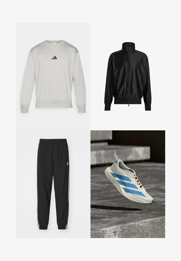 Μαύρο γυαλιστερό track jacket με ολόκληρο μπροστινό φερμουάρ, ριμπ μανσέτες και τελείωμα, ψηλό γιακά, πλαϊνές τσέπες και διακριτικό λογότυπο Adidas στο στήθος.; Γκρι φούτερ φτιαγμένο από μείγμα βαμβακιού, με ριμπ μανσέτες και στρίφωμα, και με ένα μικρό μαύρο λογότυπο Adidas στο στήθος. Κλασικός σχεδιασμός με στρογγυλή λαιμόκοψη.; Μαύρη φόρμα με ελαστική μέση και μανσέτες, με λευκές ρίγες στο πλάι και ένα μικρό λευκό λογότυπο της Adidas στο αριστερό ισχίο.; Λευκό αθλητικό παπούτσι με μπλε ρίγες και μαύρα κορδόνια που αιωρείται πάνω από μια γκρι σκυρόδετη επιφάνεια με σκαλοπάτια στο βάθος.