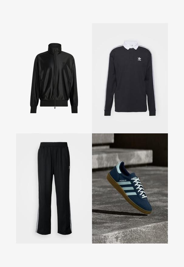 Zwarte glanzende trainingsjas met volledige ritssluiting aan de voorkant, geribbelde manchetten en zoom, hoge kraag, zijzakken en een subtiel Adidas-logo op de borst.; Zwarte longsleeve polo met witte kraag en drie witte strepen langs de mouwen; voorzien van een geborduurd Adidas-logo op de borst.; Zwarte sportbroeken met een elastische tailleband, voorzien van witte zijkanten en een klein logo. Het materiaal lijkt zacht en lichtgewicht te zijn.; Blauwe Adidas Spezial sneaker met witte strepen en veters, gumzool, zwevend boven een ruwe betonnen oppervlakte en trappen op de achtergrond.
