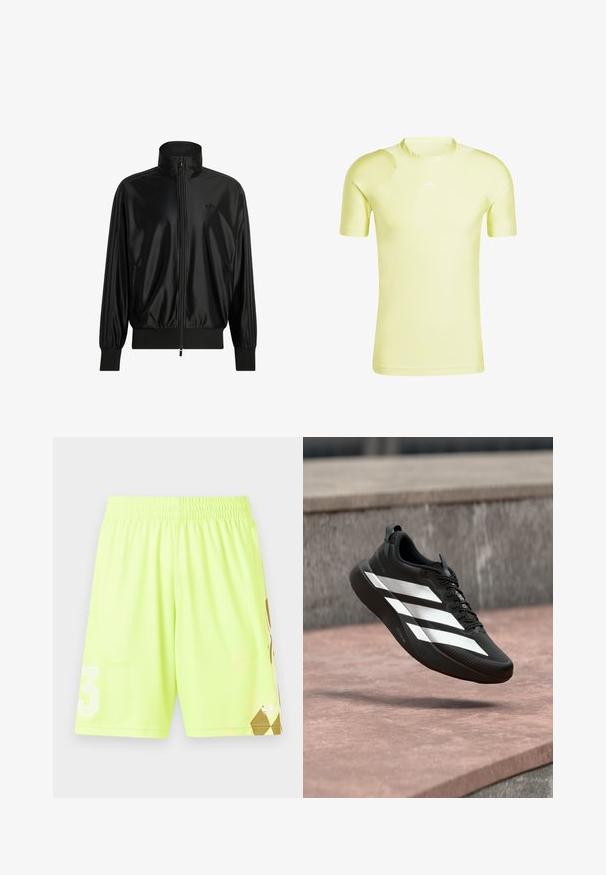Μαύρο γυαλιστερό track jacket με ολόκληρο μπροστινό φερμουάρ, ριμπ μανσέτες και τελείωμα, ψηλό γιακά, πλαϊνές τσέπες και διακριτικό λογότυπο Adidas στο στήθος.; Κίτρινη αθλητική μπλούζα με κοντά μανίκια και στρογγυλή λαιμόκοψη, κατασκευασμένη από απαλό ύφασμα, με διακριτικά πρόσθετα στη γραμμή των ώμων και λευκό λογότυπο.; Νεον κίτρινες αθλητικές σορτς με ελαστική μέση, που διαθέτουν το λευκό λογότυπο "3" και χρυσό γεωμετρικό σχέδιο στη χαμηλή δεξιά πλευρά.; Μαύρο αθλητικό παπούτσι με λευκό σχέδιο τριών ραβδώσεων, μαύρα κορδόνια και παχιά σόλα, κρεμασμένο πάνω από μια πέτρινη επιφάνεια σε εξωτερικό χώρο.