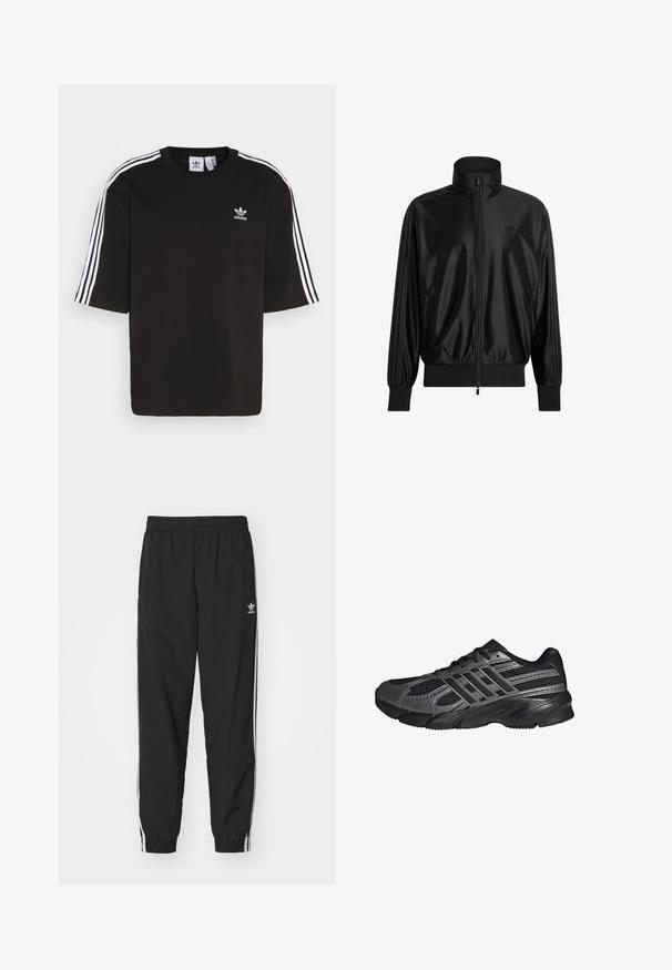 Čierna lesklá športová bunda s celým predným zipsom, rebrovanými manžetami a lemom, vysokým golierom, bočnými vreckami a nenápadným logom Adidas na hrudi.; Čierne tričko s krátkymi rukávmi vyrobené z bavlny, s bielymi trojpruhovými detailmi na ramenách a vyšitou logom Adidas na hrudi.; Čierne športové nohavice s elastickým pásom a manžetami, s bielymi bočnými pruhmi a malým bielym logom Adidas na ľavom boku.; Čierne športové topánky vyrobené z pletiva a syntetických materiálov, s textúrovaným povrchom, viacerými šedými pruhmi a polstrovaným golierom.