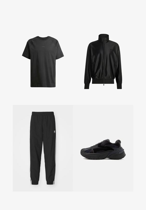 Chaqueta de chándal negra brillante con cremallera completa frontal, puños y dobladillo acanalados, cuello alto, bolsillos laterales y un sutil logo de Adidas en el pecho.; Camiseta de algodón negra con mangas raglán cortas, que presenta un sutil logo en relieve en el pecho y una textura suave en todo su diseño.; Pantalones de chándal negros con cintura y dobladillos elásticos, con franjas laterales blancas y un pequeño logo blanco de Adidas en la cadera izquierda.; Zapatilla negra gruesa con suela gruesa, paneles de ante y malla, y detalles de diseño texturizados en el lateral y la puntera.