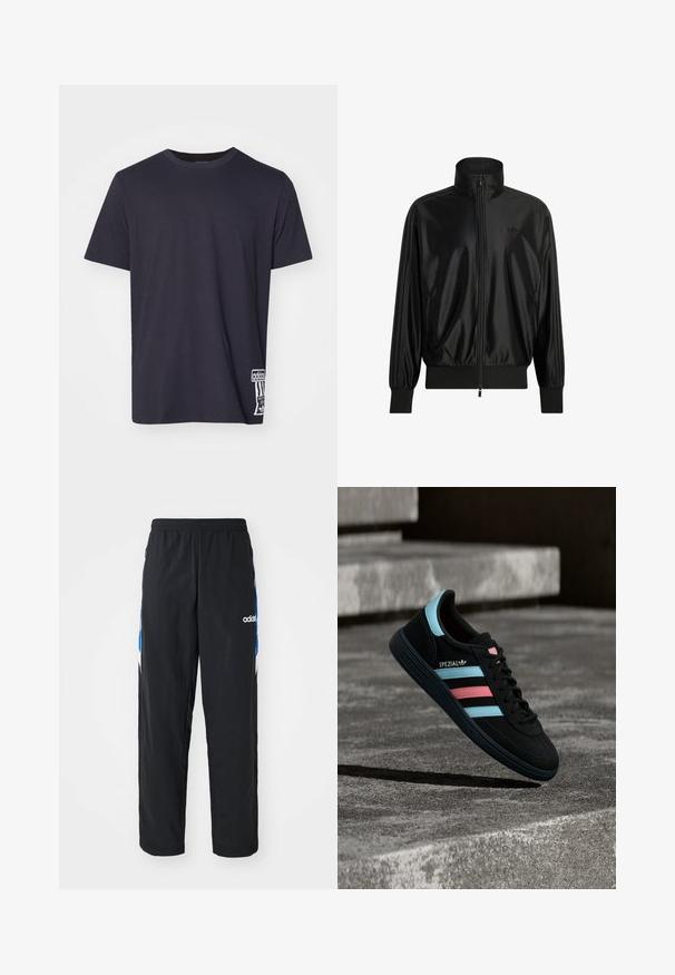 Μαύρο γυαλιστερό track jacket με ολόκληρο μπροστινό φερμουάρ, ριμπ μανσέτες και τελείωμα, ψηλό γιακά, πλαϊνές τσέπες και διακριτικό λογότυπο Adidas στο στήθος.; Μαύρο βαμβακερό T-shirt με στρογγυλή λαιμόκοψη, κοντά μανίκια και λευκή ετικέτα λογότυπου στο κάτω μέρος. Λείος υφασμάτινος τύπος, κανονική εφαρμογή.; Μαύρο αθλητικό παντελόνι με ελαστική μέση, διακοσμημένο με μπλε και λευκές γραφικές λεπτομέρειες στις πλευρές, και κεντημένο λογότυπο.; Μαύρο αθλητικό παπούτσι Adidas Spezial με μπλε και ροζ ρίγες, να αιωρείται πάνω από υφή γκρι σκυροδέματος με σκιά από κάτω.