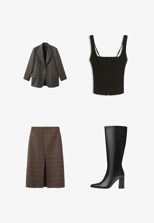 Braune Tweed-Blazer, Ein-Knopf-Verschluss, Reverskragen, zwei Fronttaschen, Brusttasche, taillierte Passform und ungefüttertes Innenfutter.; Schwarzes, figurbetontes ärmelloses Oberteil mit breiten Trägern, Haken- und Ösenverschluss vorne sowie verstellbaren dünnen Schulterträgern auf weißem Hintergrund.; Brauner karierten Rock mit geradem Schnitt, knielang, mit einem Schlitz vorne. Der Stoff hat eine strukturierte Oberfläche mit subtilen Farbkontrasten.; Schwarze kniehohe Stiefel aus Kunstleder mit spitzer Zehe, glatter Oberfläche und blockartigem Absatz. Minimalistisches Design ohne sichtbare Akzente.