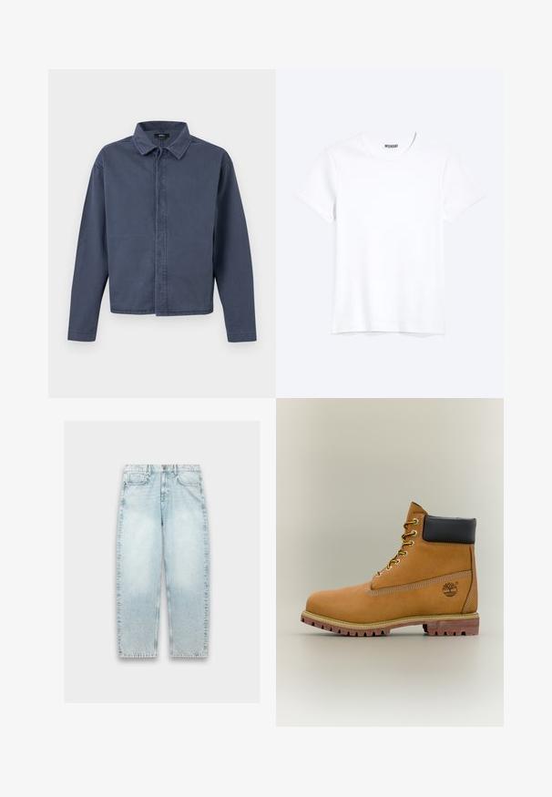Heren overhemd met lange mouwen in marineblauw, met kraag, verborgen knopen aan de voorkant en rechte zoom van Vans.; Effen witte T-shirt met korte mouwen en ronde hals met een zichtbaar WEEKDAY-merklabel bij de nek, weergegeven op een lichte achtergrond.; Lichtblauwe denim jeans met een losse pasvorm, rechte pijpen, vervaagd textuur, vijf-pocket ontwerp en metalen knoopsluiting bij de taille.; Bruine leren enkellaars met zwarte kraag, gele veters en een zandkleurige zool. Voorzien van een logo en witte stikseldetails. Robuuste loopzool met grip.