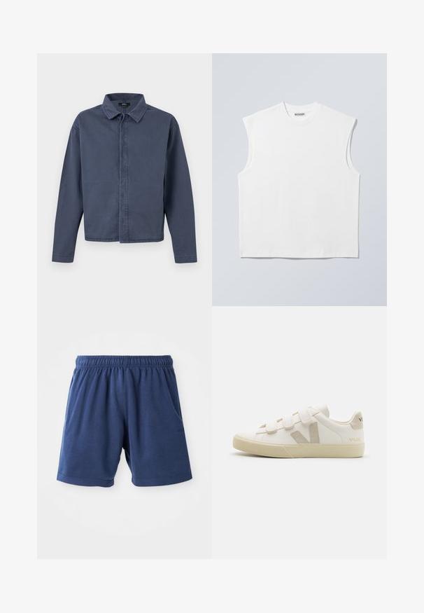 Herrenlangarmhemd in Marineblau von Vans mit Kragen, verdeckter Knopfleiste und geradem Saum.; Weißes ärmelloses Baumwolltop mit Rundhalsausschnitt und strukturierten Schultern, mit "WEEKDAY" auf dem Kragenetikett versehen, vor hellgrauem Hintergrund dargestellt.; Marineblaue Shorts aus weichstem Baumwollmix, mit einem elastischen Bund, seitlichen Taschen und geradem Schnitt. Ideal für Freizeitmode.; Weiße Leder-Sneaker mit Klettverschlüssen, beigen Akzenten, runder Zehenform, strukturiertem Gummisohle und eingeprägtem Logo. Minimalistisches Design.