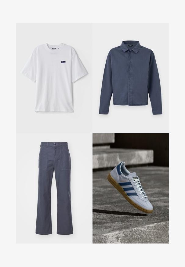 Camisa de hombre de manga larga azul marino con botones delanteros ocultos, cuello y bajo recto, de Vans.; Camiseta de algodón blanca con cuello redondo, mangas cortas y un parche rectangular de logo azul marino en el área del pecho izquierdo.; Pantalones de pierna ancha en gris oscuro, fabricados en algodón. Con dos bolsillos delanteros y cierre de botón. Textura suave con un diseño casual.; Zapatilla Adidas Spezial azul claro con rayas azul marino y suela de goma, mostrada en el aire sobre escalones de hormigón en un entorno exterior neutral.