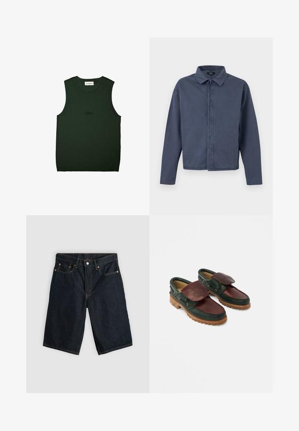 Heren overhemd met lange mouwen in marineblauw, met kraag, verborgen knopen aan de voorkant en rechte zoom van Vans.; Groene geribde tanktop met een rond decolleté en zonder mouwen. Bevat subtiele branding in het zwart nabij het midden. Zachte textuur.; Donkerblauwe denim shorts tot op de knie met een knoop aan de voorkant, rits en vijf zakken, plat gelegd op een lichtgrijze achtergrond.; Leren schoenen met een donkergroene body en een wijnrode bovenkant, een ronde neus, een beveiligde klep en een gestructureerde rubberen zool met groeven.