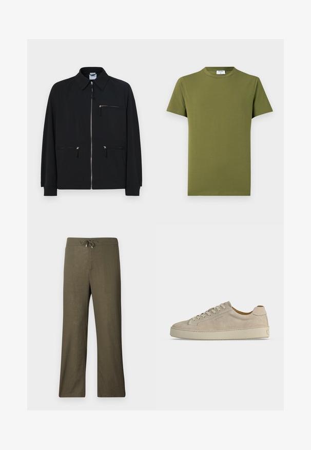 Veste noire en tissu léger, dotée d'une fermeture éclair à l'avant, de deux poches latérales et d'une poche poitrine zippée en haut.; T-shirt manches courtes de couleur vert olive, fabriqué en tissu doux et lisse. Col rond classique, lignes épurées, sans motifs ni accents visibles.; Pantalons en lin olive, ample, avec taille à cordon et jambes larges. Texture lisse, design minimaliste, sans motifs ni accents visibles.; Baskets basses beiges en daim avec fermeture lacée et semelle épaisse en caoutchouc, vues de profil sur fond blanc uni.