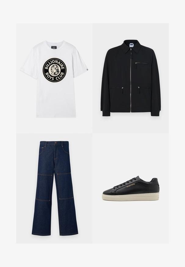 Chaqueta negra de tejido ligero, con cierre frontal, dos bolsillos laterales y un bolsillo en el pecho con cremallera.; Camiseta de algodón blanca con un gráfico circular negro y dorado de un astronauta y el texto "BILLIONAIRE BOYS CLUB". Mangas cortas, cuello redondo.; Pantalones de mezclilla anchos de color azul oscuro con costuras naranjas en contraste, que presentan grandes bolsillos de parche en cada pierna y un cierre de botón en la cintura.; Zapatilla de cuero negra con un acabado suave, suela crema en contraste, puntera redonda, logo dorado en el lateral y seis ojales para los cordones.