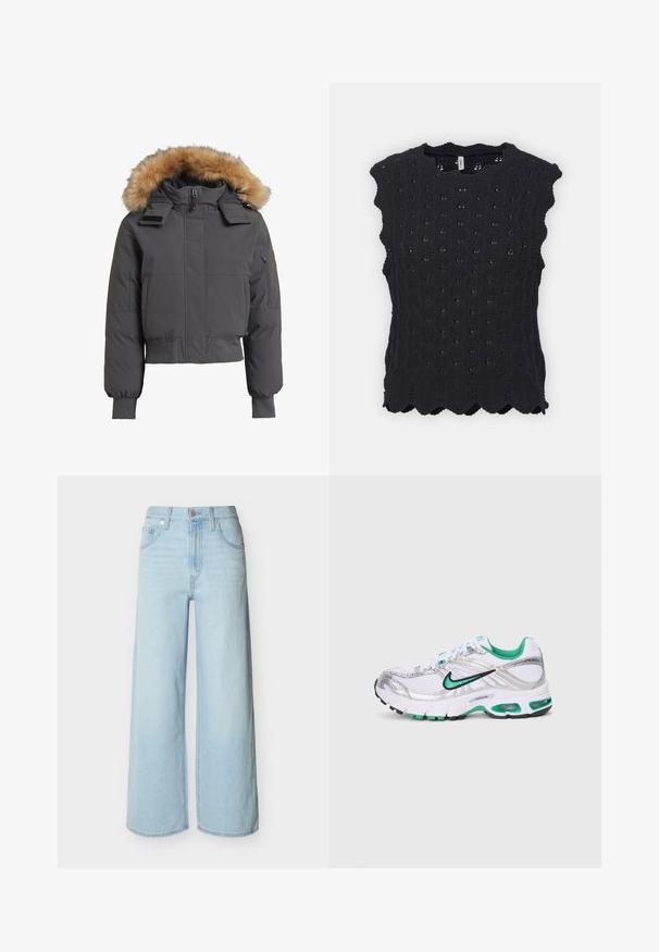Grijze cropped jas met een met bont gevoerde capuchon, gewatteerde textuur, sluiting met rits aan de voorkant en zijzakken. Beschikt over verstelbare manchetten en schouderflappen.; Zwarte gebreide mouwloze top met gegolfde randen, met een opengebroken patroon en een ronde halslijn. Textuurstof met een horizontaal golfontwerp.; Lichtblauwe jeans met wijde pijpen, voorop met knopen en ritssluiting, voorzien van riemlussen en het klassieke ontwerp met vijf zakken.; Nike hardloopschoen in wit, zilver en groen. Bevat mesh en synthetische materialen, een gevoerde kraag en een gevoerde zool met zichtbare luchtunits.