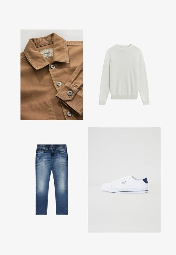 Bruine denim overhemd met een kraag, zilveren drukknoopjes en contrasterende witte stiksels. Etiket zegt "Next Durable Goods."; Lichtgrijze gebreide trui met een ronde halslijn, geribde manchetten en zoom, en een zachte textuur. Geen zichtbare patronen of graphics.; Blauwe vervaagde denim jeans met voorzakken, riemlussen en een knoopsluiting, plat gelegd op een witte achtergrond.; Witte canvas sneakers met een marineblauwe hielaccent, platte rubberen zool, ronde neus en witte veters. Kenmerkt logo op de zijkant.