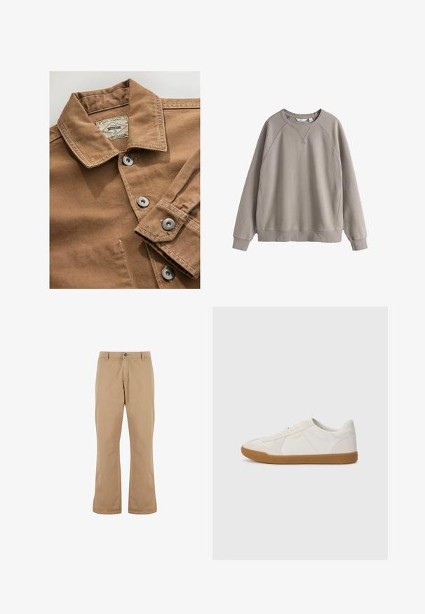 Bruine denim overhemd met een kraag, zilveren drukknoopjes en contrasterende witte stiksels. Etiket zegt "Next Durable Goods."; Beige sweater met ronde hals, lange mouwen, geribbelde boorden aan mouwen en zoom, en subtiele naaddetails op schouders en borst.; Beige katoenen broek met een rechte snit, voorzien van een knoopsluiting, zijzakken en een gladde textuur.; Witte sneaker gemaakt van glad leer met een gumrubberen zool, voorzien van eenvoudige stiksels en een klein gouden logo aan de zijkant.