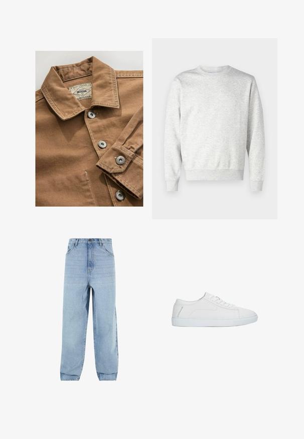 Braune Jeanshemden mit Kragen, silbernen Druckknöpfen und kontrastierenden weißen Nähten. Das Etikett trägt die Aufschrift "Next Durable Goods."; Grauer Pullover aus weichem Stoff. Mit Rundhalsausschnitt, langen Ärmeln, gerippten Bündchen und gerippetem Saum. Einfaches, ungeschmücktes Design.; Helles, blaues Denim-Jeans mit lockerer Passform, hoher Taille und fünf Taschen. Mit Gürtelschlaufen und Knopfverschluss. Glatte Textur.; Weißer niedriger Sneaker mit Schnürdesign, glattem Lederobermaterial und flacher Gummisohle, seitlich auf weißem Hintergrund dargestellt.