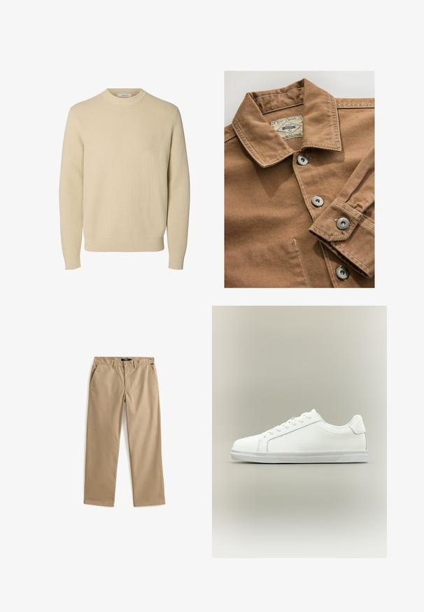 Bruine denim overhemd met een kraag, zilveren drukknoopjes en contrasterende witte stiksels. Etiket zegt "Next Durable Goods."; Effen beige ronde hals gebreide trui met lange mouwen en geribde boorden en zoom.; Beige rechte broek met knoop- en ritssluiting, ceintuurlussen en zijzakken, plat liggend op een witte achtergrond.; Witte lage sneaker met veterluiting aan de voorkant en een gestructureerde rubberen zool tegen een neutrale achtergrond.