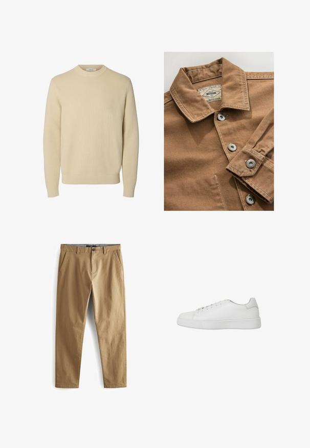 Camisa de mezclilla marrón con cuello, botones a presión plateados y costuras blancas en contraste. La etiqueta dice "Next Durable Goods."; Jersey de punto beige liso con cuello redondo, mangas largas y puños y bajo acanalados.; Next STRETCH - Pantalones - dark sand; Zapatilla blanca de cuero suave con punta redonda, detalles cosidos y suela plana de goma. Diseño minimalista con cierre de cordones.