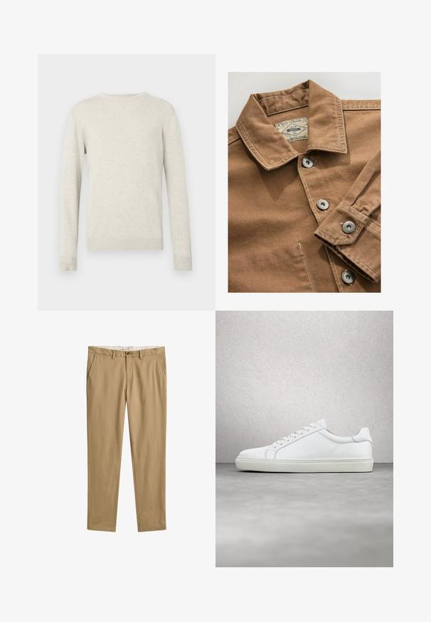 Brun denimskjorte med krave, sølvnap knapper og kontrasterende hvid syning. Etiket læser "Next Durable Goods."; Beige sweater med lange ærmer og rund halsudskæring, med ribbede manchetter og kant, præsenteret mod en simpel hvid baggrund.; Beige afslappede bukser med lige ben, bæltestropper, frontknap og lynlås, samt sidelommer, frontudsigt.; Hvide sneakers med en glat læderoverdel og lav profil. Har en rund tå, seks snørehuller og en tekstureret gummisål.